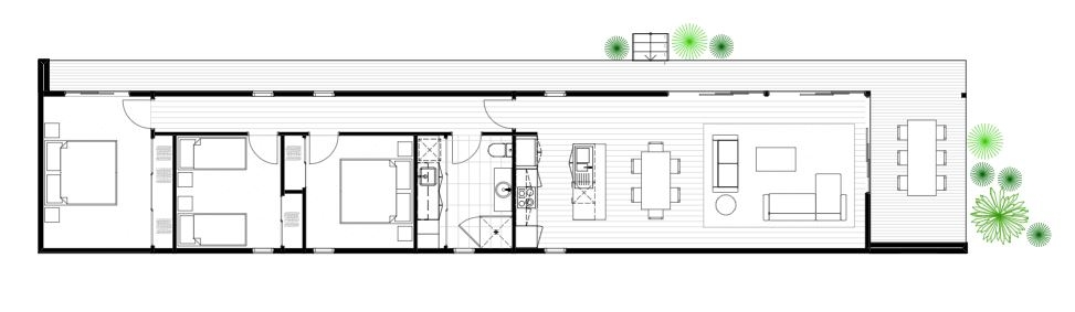 EcoLiving 3A features three bedrooms and one bathroom with open plan kitchen, dining and living plus room for entertaining on the deck outside.